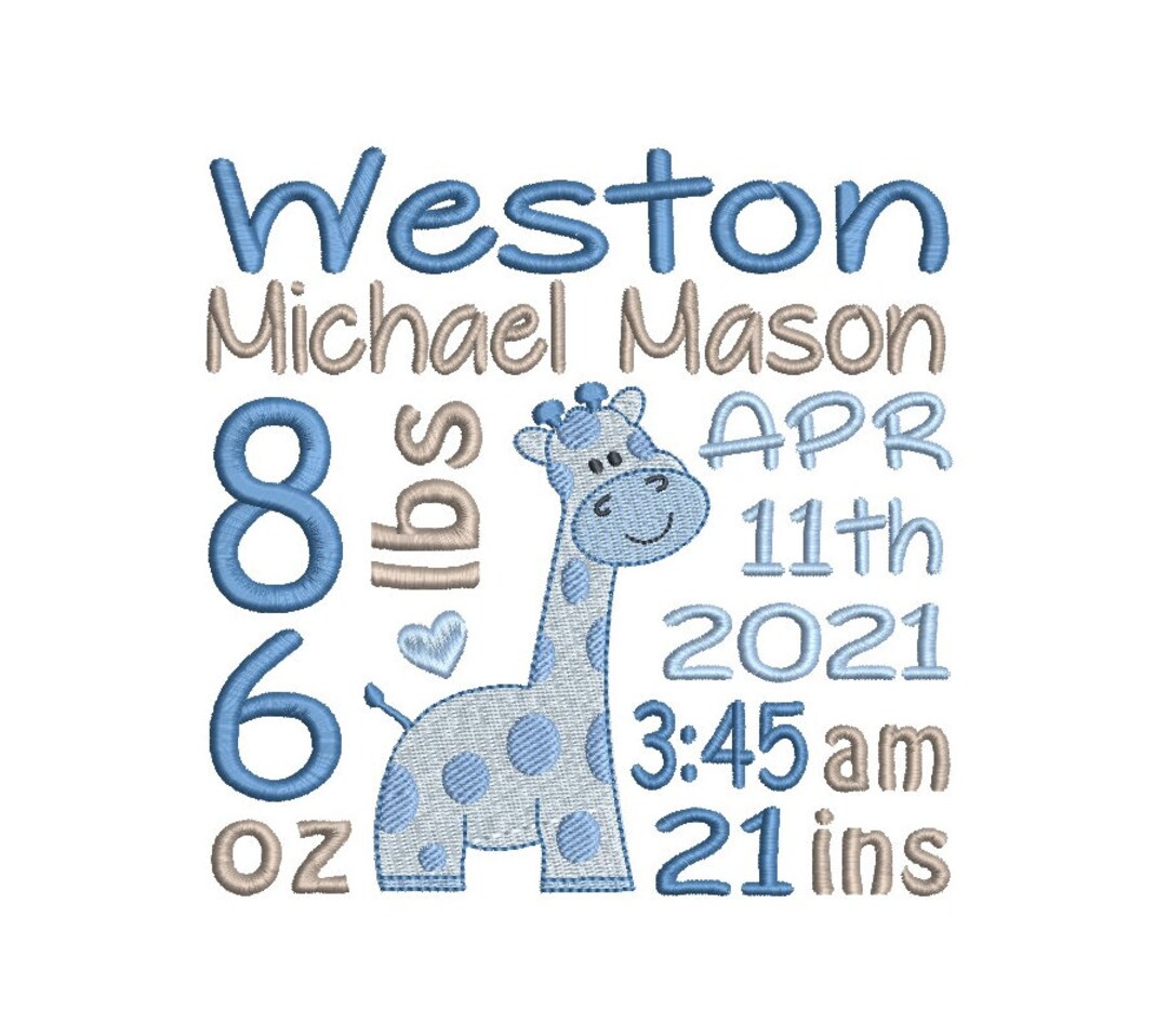 Baby Birth Template Embroidery Design, Baby Birth Stats, Giraffe ...