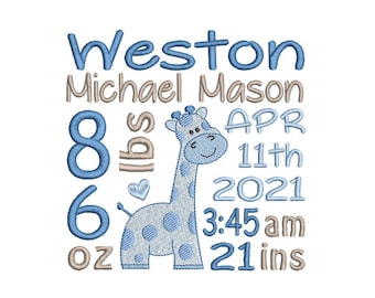 Baby Birth Template Embroidery Design, Baby Birth Stats, Giraffe, Subway Art, Machine Embroidery, AM/PM, 3 Sizes, Instant Download, ST609-65
