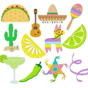 Mexican Machine Embroidery Designs, Pinata, Taco, Sombrero, Maraca, Margarita Cocktail, Fiesta, Set of 12 Embroidery Designs, JG00035 image 1