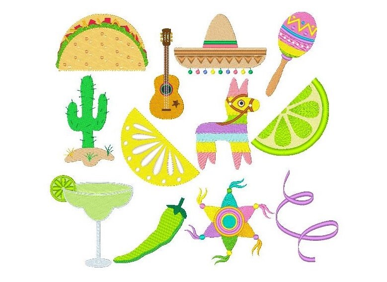 Mexican Machine Embroidery Designs, Pinata, Taco, Sombrero, Maraca, Margarita Cocktail, Fiesta, Set of 12 Embroidery Designs, JG00035