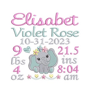 Birth Announcement Embroidery Design, Baby Birth Template, Machine Embroidery, Elephant, AM/PM, 4x4, 5x7, 6x10, Instant Download, ST700-2