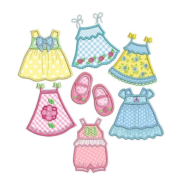 Cute Baby Dress Set Applique Machine Embroidery Designs, Set of 7 Baby Girl's Dresses & Shoes Designs, 3 sizes, Instant Download, No: SA568