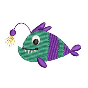 May include: A green and purple anglerfish with a yellow lure. The fish has a toothy grin and a large, round eye.