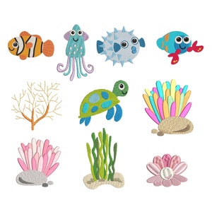Sea Life Machine Embroidery Designs, Set of 10 Mini Fill Stitch Sea life Designs, Marine Animals, Fish, 2 sizes, Instant Download, No: S579
