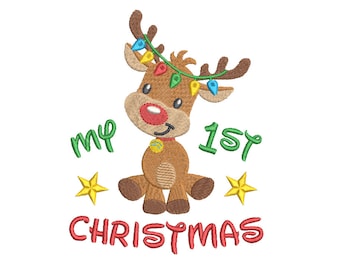 Desenho de bordado de rena de Natal, ponto de preenchimento, 1º Natal, luzes de Natal, bordado à máquina, 3 tamanhos, download instantâneo, S501-26