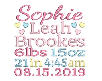 Baby Birth Announcement Template, Baby Birth Stats, Machine Embroidery, Baby Hearts, AM/PM, 4x4, 5x7, 6x10, Instant Download, ST609-40