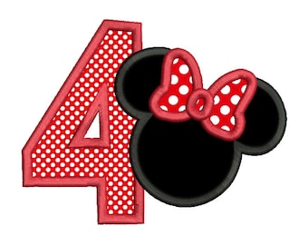 4th Birthday Applique Embroidery Design, Mouse Ears, Number 4, Fourth Birthday, Machine Embroidery, 3 Sizes, Instant Download, SA510-30