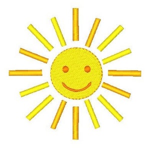 May include: A yellow sun with a smiling face and yellow rays.