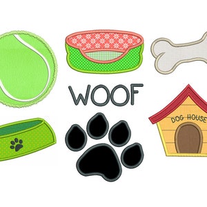 May include: A set of dog-themed embroidery designs, including a tennis ball, a dog bed, a bone, a dog house, a paw print, and a food bowl. The word "WOOF" is also included in the design.