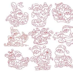 Pode incluir: Nove desenhos de linha vermelha do Papai Noel em várias poses. O Papai Noel é mostrado carregando um saco de presentes, descendo uma chaminé, andando de trenó e segurando uma estrela. Os desenhos são simples e caprichosos.