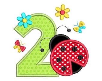 2e anniversaire Design de broderie, deuxième anniversaire Applique, numéro 2, petite coccinelle, machine à broder, 3 tailles, téléchargement immédiat, SA510-76