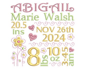 Birth Announcement Machine Embroidery Design, Customised, Baby Birth Stats, Floral Design, Hearts, Personalised, 3 Sizes, AM/PM, S700-20