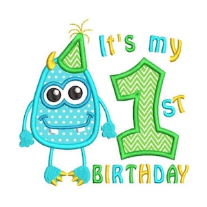 May include: A blue monster with a party hat and a green chevron number one. The text "It's my 1st Birthday" is written below the monster and number.