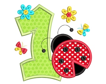 1st Birthday Embroidery Design, First Birthday Applique, Number 1, Cute Ladybug, Machine Embroidery, 3 Sizes, Instant Download, SA579-30