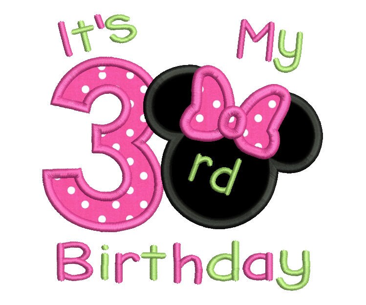 3rd Birthday Machine Embroidery Applique Design, Girl's Third Birthday, Mouse Ears 3rd Birthday, 3 Sizes, INSTANT DOWNLOAD, No: SA510-38