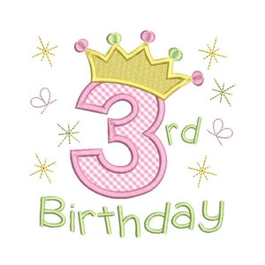 Design ricamo applique di 3 ° compleanno per ragazze, principessa corona, terzo compleanno, ricamo macchina, 3 taglie, download istantaneo, SA579-10