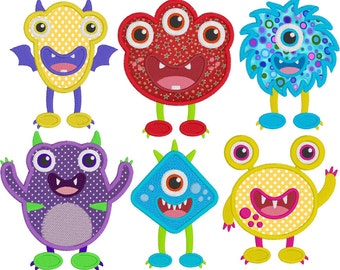 May include: Six colorful cartoon monster characters with different features, including a yellow bat monster, a red four-eyed monster, a blue fuzzy monster, a purple monster with polka dots, a blue diamond-shaped monster, and a yellow polka dot monster.