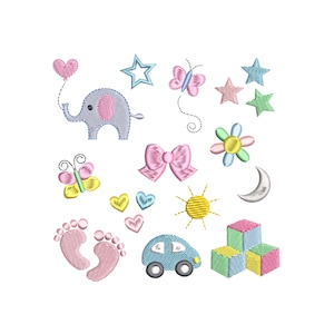 May include: A set of embroidered baby-themed designs, including a blue car, a pink elephant, a yellow sun, a pink butterfly, a pink bow, a green flower, a blue star, a pink foot, a grey moon, and a stack of colourful blocks.