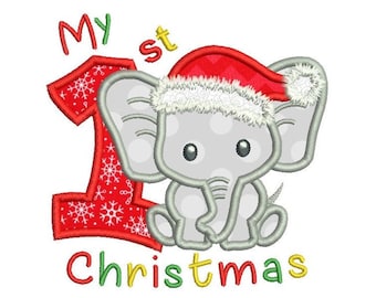 Meu primeiro Natal, design de apliques de bordado à máquina, elefante de Natal, meu primeiro Natal, 1º Natal, 3 tamanhos, download instantâneo, SA502-33
