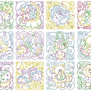 Babyquilt Blöcke Maschinenstickmotive, Satz von 12 süße Liniengrafik Maschinenstickerei Designs, 3 Größen, sofortiger Download, Nein: JGS00013