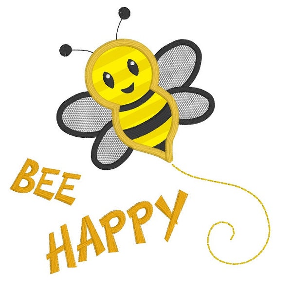 Bee Machine Embroidery Applique Design, Be Happy, Little Bee Embroidery Design, Flying Bee, Insect, 3 Sizes, Instant Download, JGS00002-1