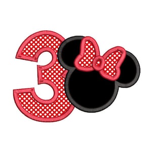 3rd Birthday Applique Embroidery Design, Mouse Ears, Third Birthday, Number Three, Girl&#39;s 3rd Birthday, 3 Sizes, Instant Download, SA510-95