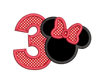 3rd Birthday Applique Embroidery Design, Mouse Ears, Third Birthday, Number Three, Girl's 3rd Birthday, 3 Sizes, Instant Download, SA510-95