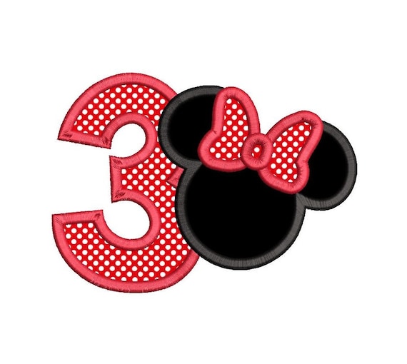 3rd Birthday Applique Embroidery Design, Mouse Ears, Third Birthday, Number Three, Girl's 3rd Birthday, 3 Sizes, Instant Download, SA510-95