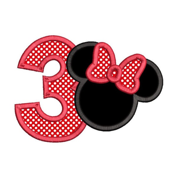 3rd Birthday Applique Embroidery Design, Mouse Ears, Third Birthday, Girl's 3rd Birthday, 3 Sizes, Instant Download, SA510-95