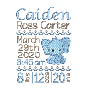 Baby Birth Announcement Template Machine Embroidery Design, Baby Birth Stats, Applique Elephant, AM/PM, 5x7, 6x10, Instant Download, BT900-2