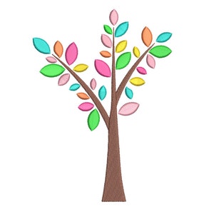 Puede incluir: Diseño de árbol bordado con tronco y ramas marrones. Las hojas son de varios colores, incluyendo rosa, verde, amarillo, naranja y turquesa, sobre un fondo blanco.