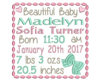 Ogłoszenie urodzenia dziecka szablon haft projektowanie, Baby urodzenia maszyna haft, AM/PM, 4x4, 5x7, 6x10, Instant Download, No: ST509-9