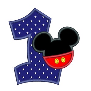 Może przedstawiać: Niebieska i biała liczba jeden w gwiazdki z czerwoną i czarną głową Myszki Miki po prawej stronie.