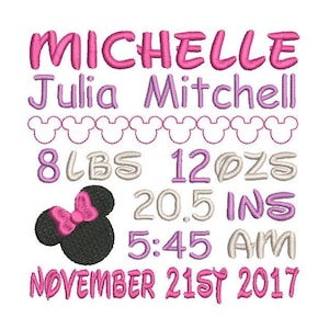 May include: Pink and purple embroidered text on a white background with a cartoon Minnie Mouse head. The text reads "Michelle Julia Mitchell 8 lbs 12 ozs 20.5 ins 5:45 am November 21st 2017".