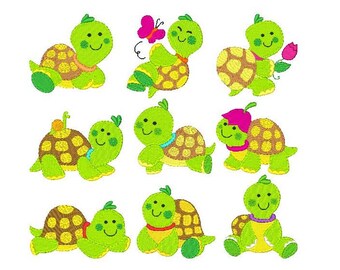 May include: Eight embroidered turtle designs with various colors and patterns. The turtles are green, brown, and yellow with black eyes and smiling faces. Some turtles have flowers, butterflies, and other embellishments.