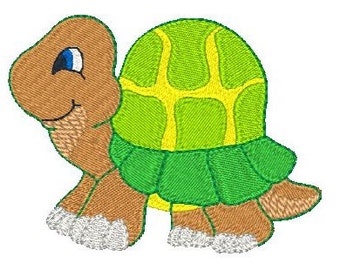 May include: Embroidered cartoon turtle in shades of brown, green, and yellow. The turtle has a smiling face, blue eyes, and white feet. The shell is green with yellow accents. The design is likely for children's apparel or crafts.
