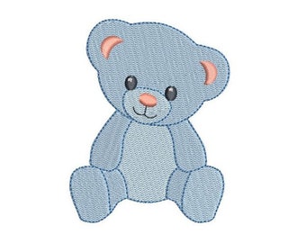 May include: A blue teddy bear with pink ears and a smiling face. The bear is sitting with its legs crossed.