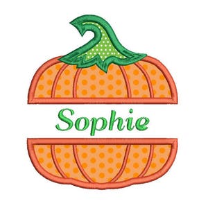May include: A personalised pumpkin with orange and white polka dots and a green stem. The name "Sophie" is written in green letters on the pumpkin.