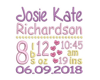 Birth Announcement Embroidery Design, Template, Baby Birth Stats Embroidery, Machine Embroidery, AM/PM, 3 Sizes, Instant Download, ST609-18