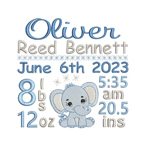 Birth Announcement Embroidery Design, Baby Birth Template, Machine Embroidery, Elephant, AM/PM, 4x4, 5x7, 6x10, Instant Download, ST609-21