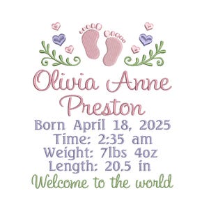 Peut inclure: Broderie avec le nom "Olivia Anne Preston", les détails de naissance et la phrase "Welcome to the world". Comprend des empreintes de pieds roses, des cœurs et des motifs floraux. Poids: 3.3 kg, Longueur: 52.1 cm.