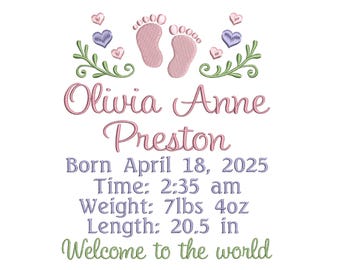 Baby Birth Template Embroidery Design, Baby Birth Stats, Baby Feet, Hearts, Machine Embroidery, AM/PM, 4 Sizes, Instant Download, ST700-25