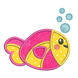 May include: A pink and yellow fish with white polka dots and a smiling face, blowing bubbles. The bubbles are blue and white.