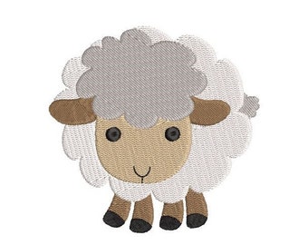 May include: A white and gray cartoon sheep with brown ears, legs, and eyes. The sheep has a happy expression and is standing on a white background.