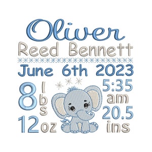 Baby Birth Announcement Embroidery Design, Customised, Baby Boy, Birth Stats, Elephant, Stars, Machine Embroidery, 3 Sizes, AM/PM, S609-21