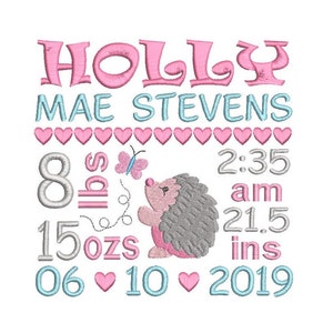 Birth Announcement Template Embroidery Design, Baby Birth Stats, Hedgehog, Machine Embroidery, AM/PM, 3 Sizes, Instant Download, ST609-36