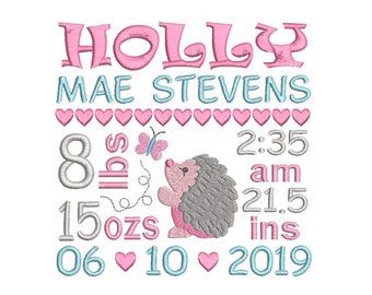 Birth Announcement Template Embroidery Design, Baby Birth Stats, Hedgehog, Machine Embroidery, AM/PM, 3 Sizes, Instant Download, ST609-36