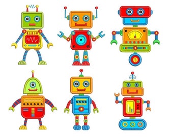 Robot Machine Embroidery Applique Designs for Children, Set of 6 Robots, Robot Applique, Robot Designs, 3 Sizes, Instant Download, SA577