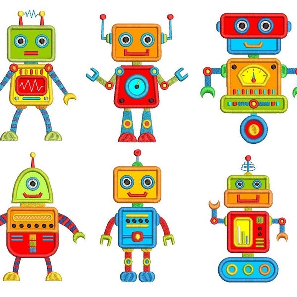 Robot Machine Embroidery Applique Designs for Children, Set of 6 Robots, Robot Applique, Robot Designs, 3 Sizes, Instant Download, SA577