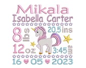 Baby Birth Announcement Template Embroidery Design, Baby Girl Birth Stats, Unicorn, AM/PM, 4x4, 5x7, 6x10, Instant Download, No:ST509-59